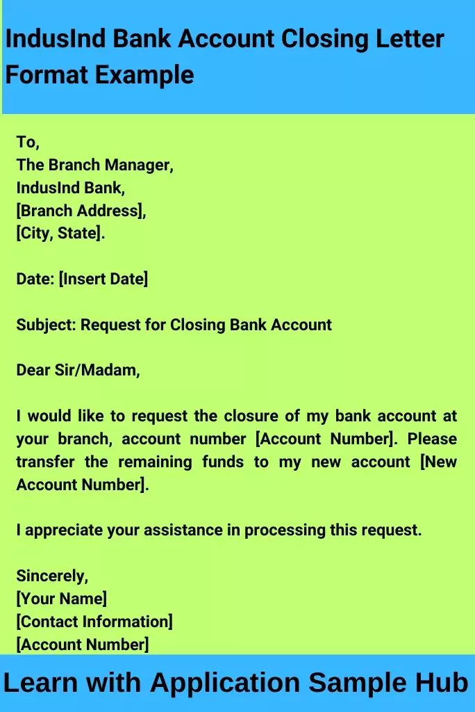 IndusInd Bank Account Closing Letter Format Example