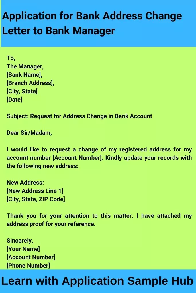 Application for Bank Address Change Letter to Bank Manager