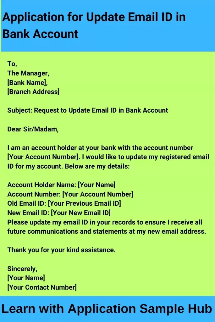 Application for Update Email ID in Bank Account