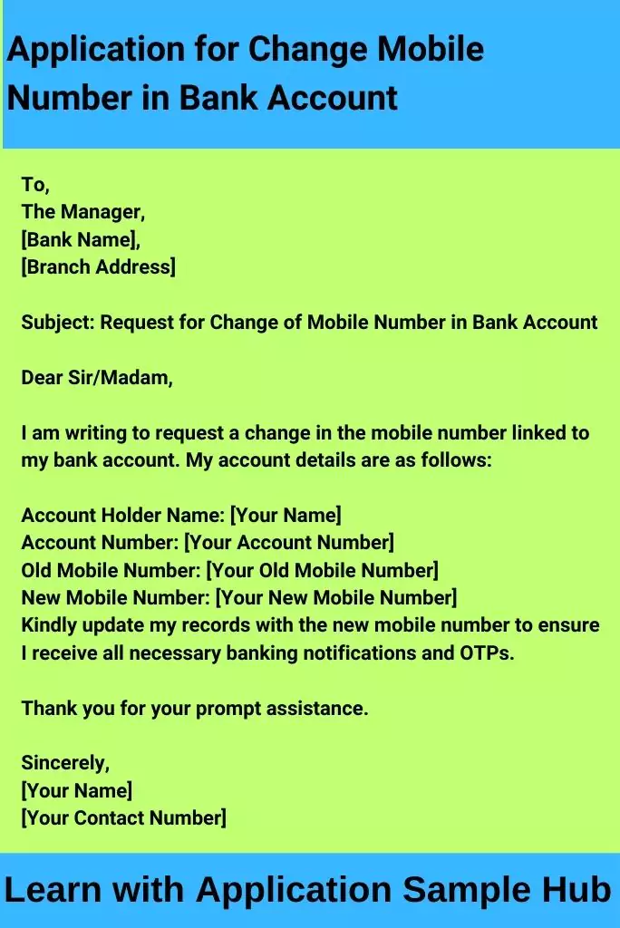 Application for Change Mobile Number in Bank Account