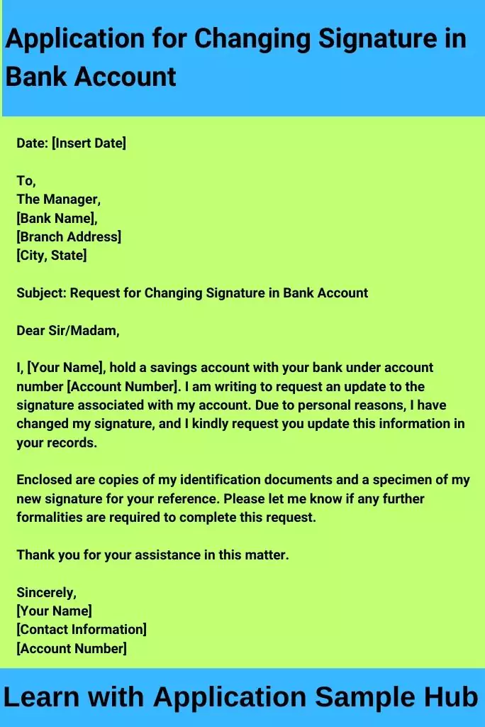 Application for Changing Signature in Bank Account