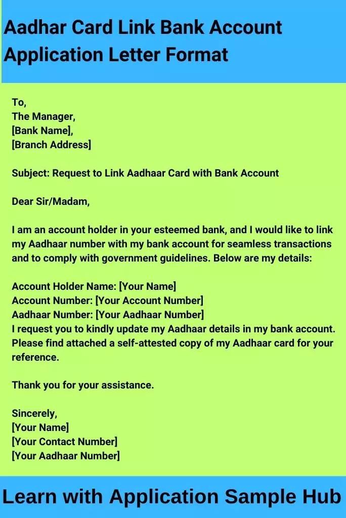 Aadhar Card Link Bank Account Application Letter Format