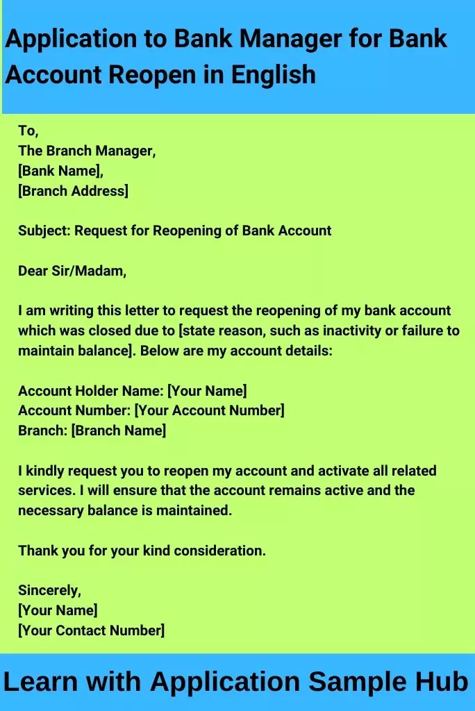 Application to Bank Manager for Bank Account Reopen in English