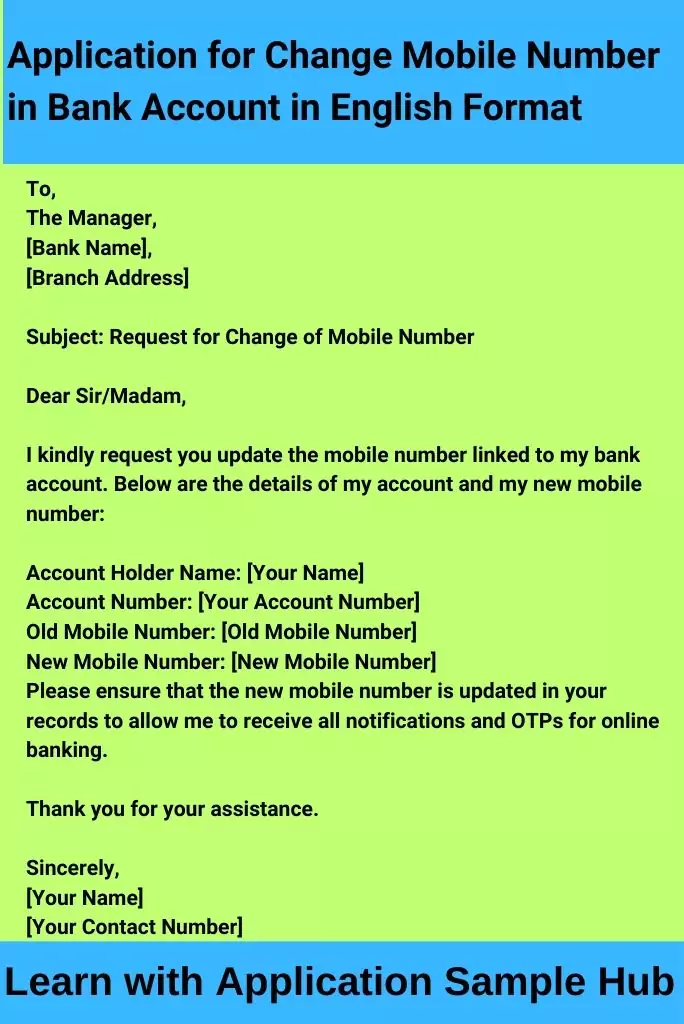 Application for Change Mobile Number in Bank Account in English Format