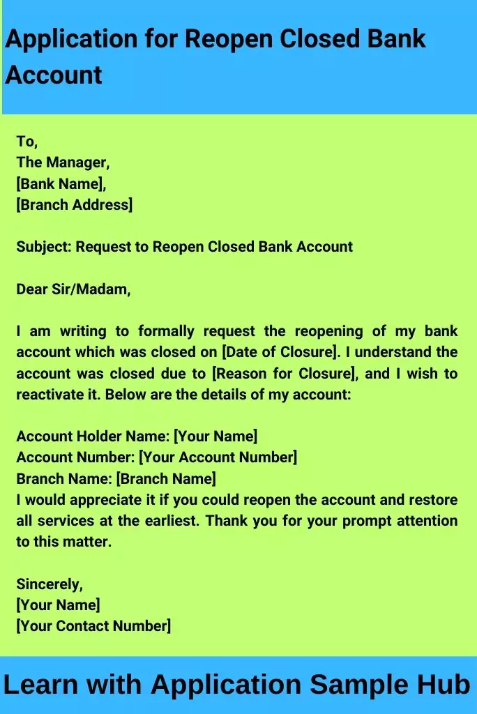 Application for Reopen Closed Bank Account