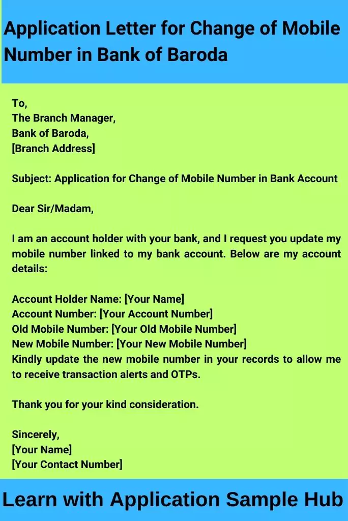 Application Letter for Change of Mobile Number in Bank of Baroda