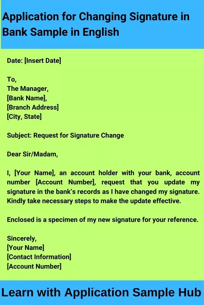 Application for Changing Signature in Bank Sample in English