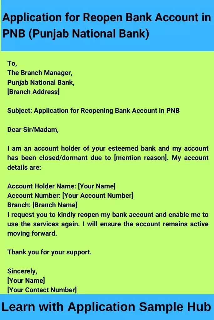 Application for Reopen Bank Account in PNB (Punjab National Bank)