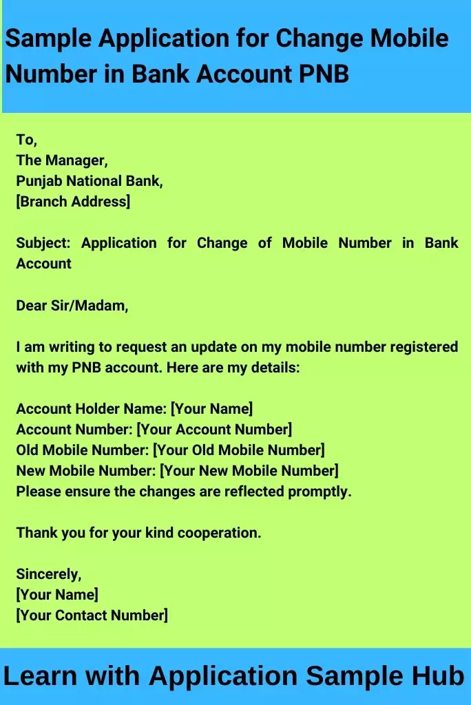 Sample Application for Change Mobile Number in Bank Account PNB