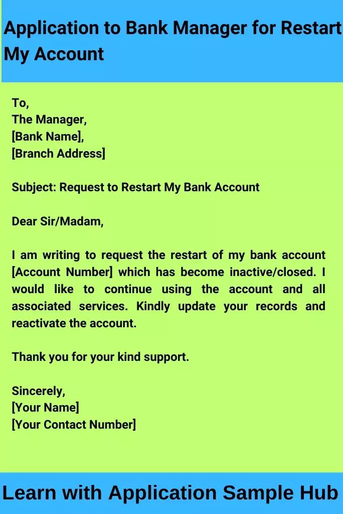 Application to Bank Manager for Restart My Account