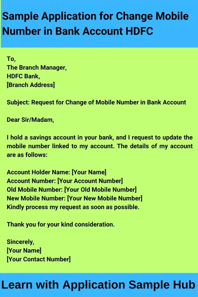 Sample Application for Change Mobile Number in Bank Account HDFC