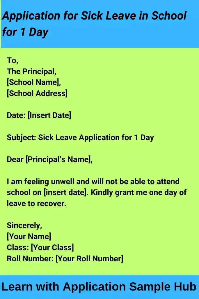 Application for Sick Leave in School for 1 Day