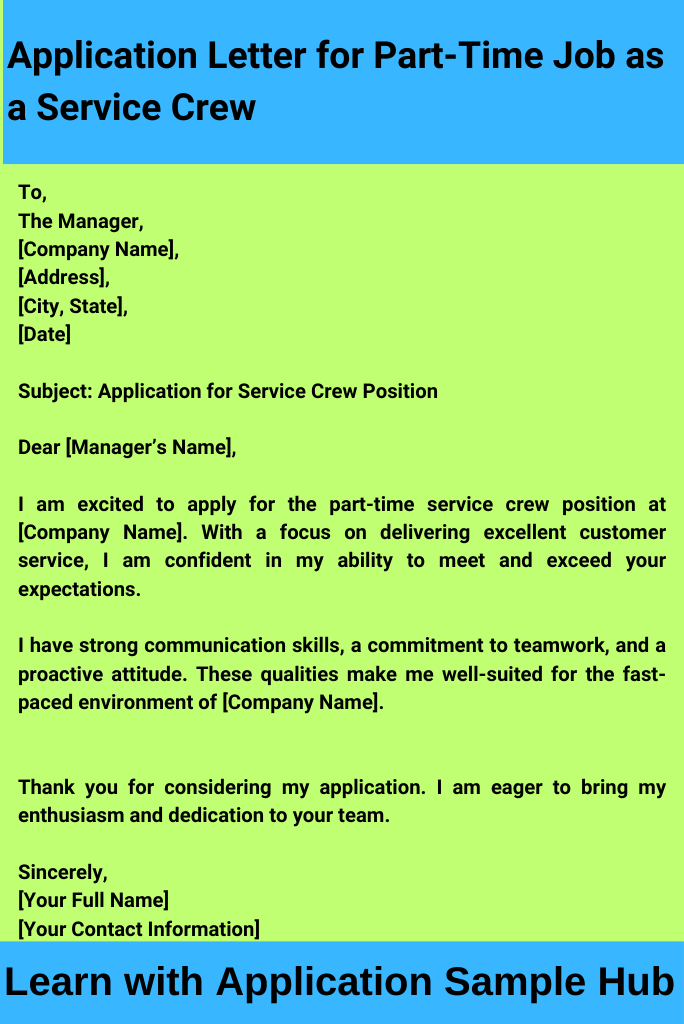 Application Letter for Part-Time Job as a Service Crew