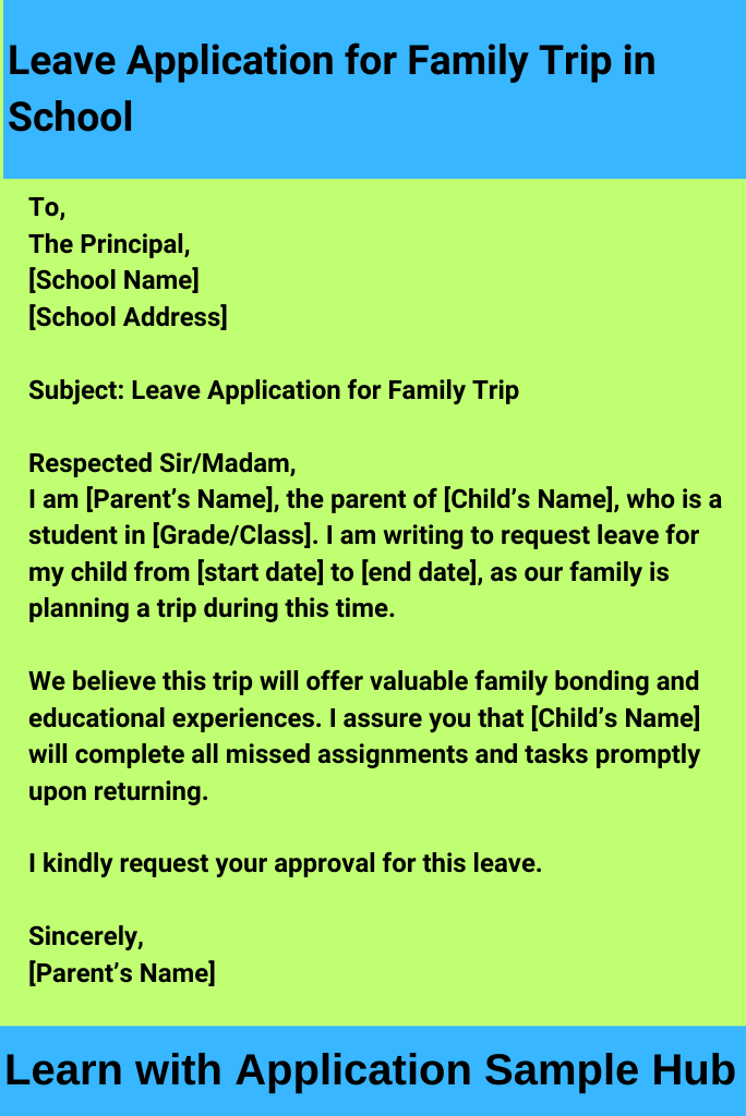 Leave Application for Family Trip in School