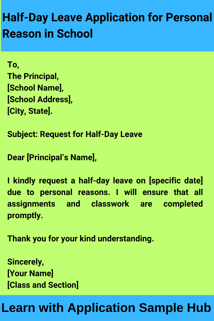 Half-Day Leave Application for Personal Reason in School