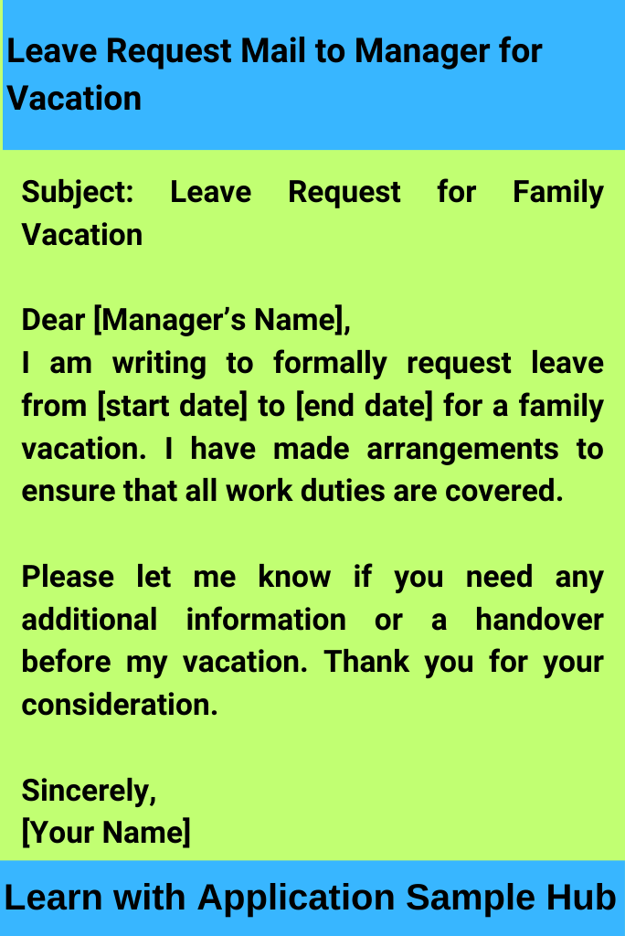 Leave Request Mail to Manager for Vacation