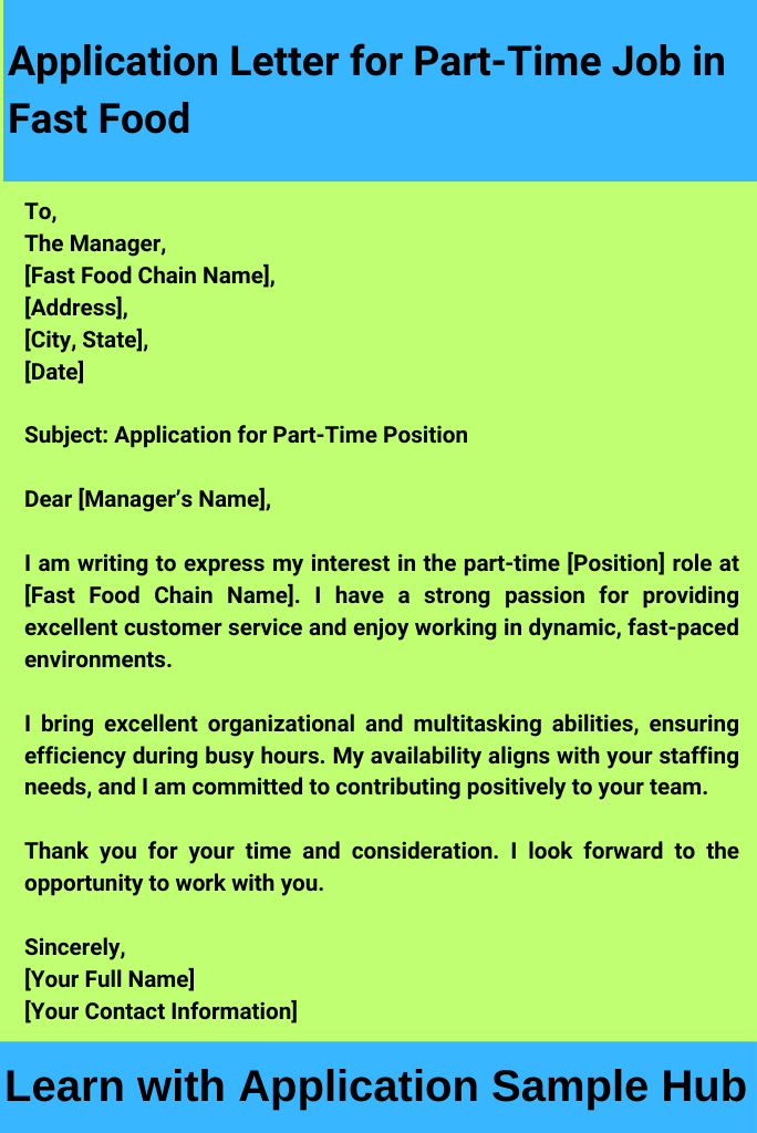 Application Letter for Part-Time Job in Fast Food