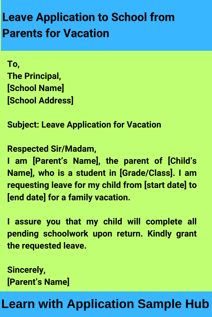 Leave Application to School from Parents for Vacation