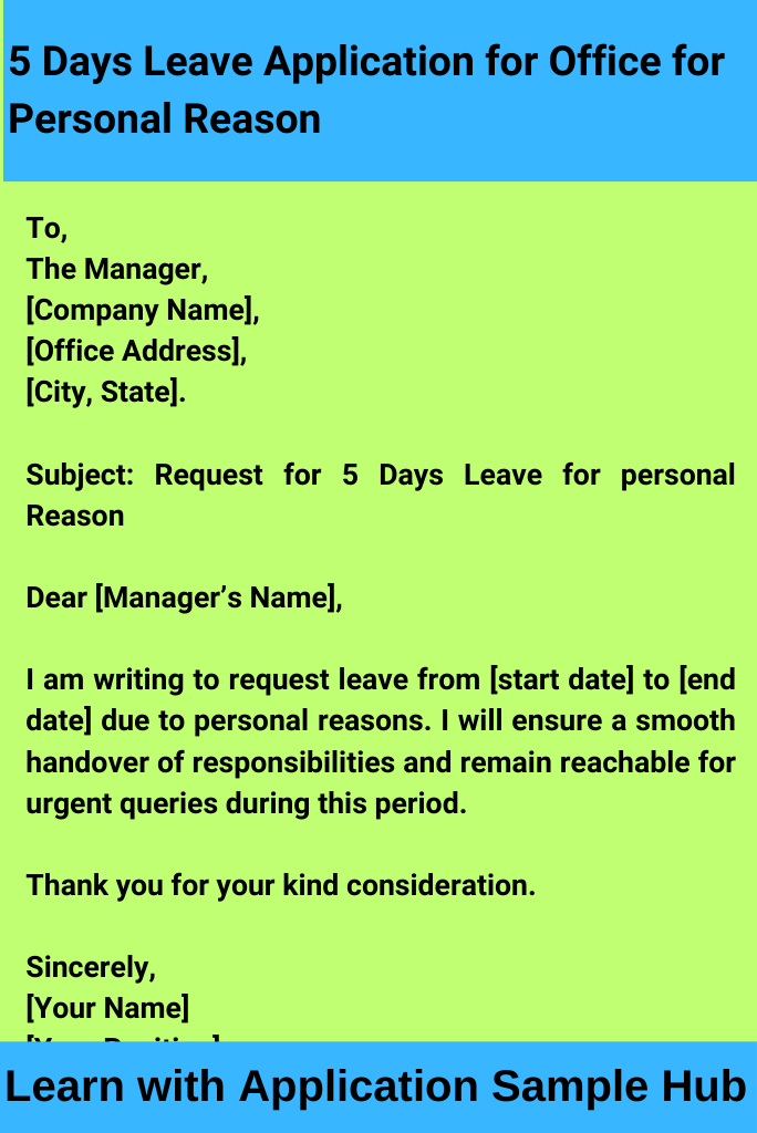 5 Days Leave Application for Office for Personal Reason